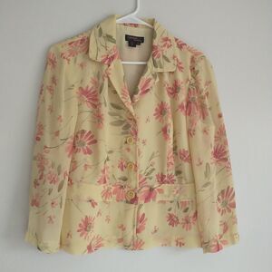 Cynthia Howie Blazer Blouse Womens 12 Yellow Pink Floral 100%Silk Lined 3/4Sleev